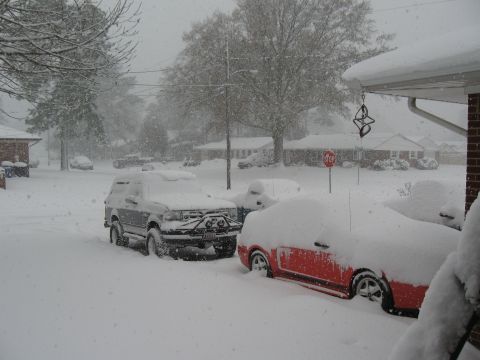 1994 Ford Bronco - Snowfall covers multiple vehicles parked on a street in a neighborhood.