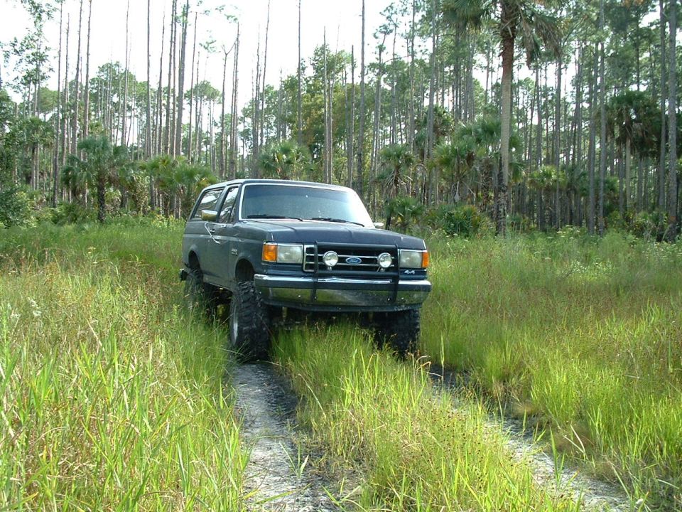 1995 Ford Bronco 4x4 driving off-road in tall grass