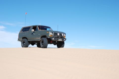 1982 Ford Bronco - A lifted Ford Bronco sits on a sandy terrain with a bright blue sky overhead.