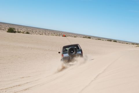 1982 Ford Bronco - A dark SUV drives through sand dunes, kicking up dust under a clear blue sky.