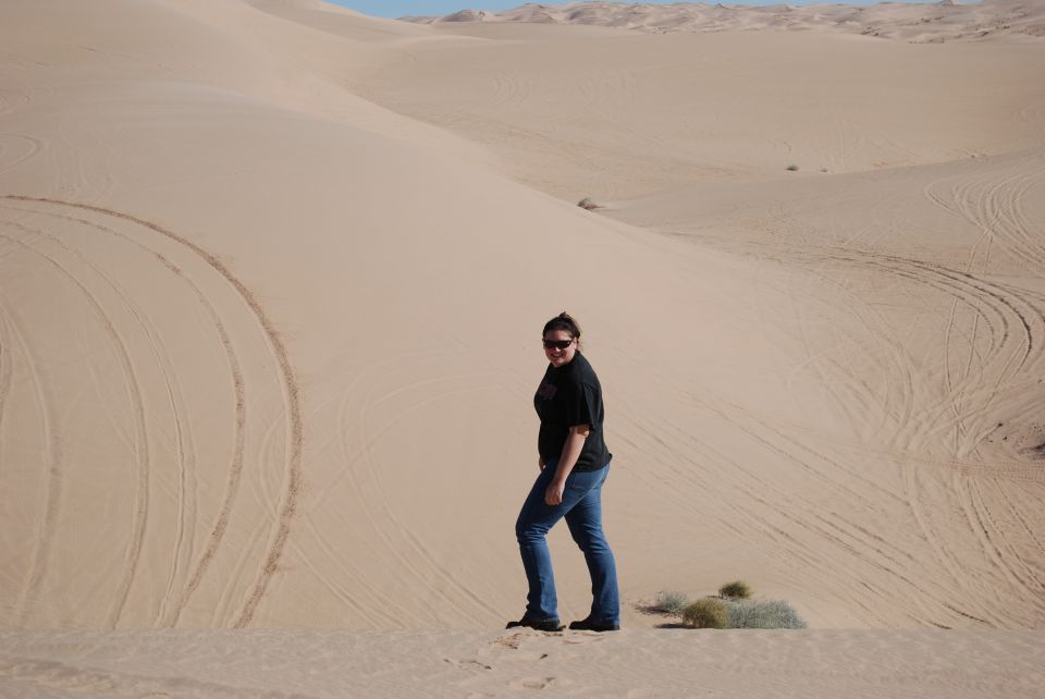 Person standing on a sand dune with tire tracks visible