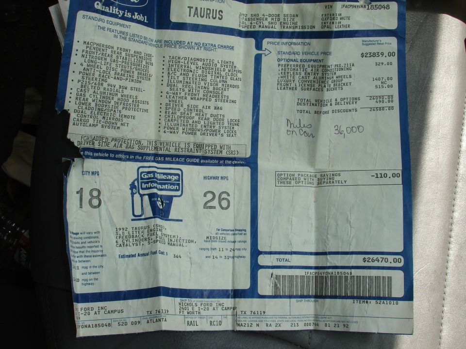 1992 Ford Taurus LX 3.8L V6 window sticker (Monroney label) from Nichols Ford, Fort Worth TX