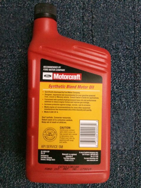 1998 Ford Crown Victoria - Bottle of Motorcraft Synthetic Blend 5W-30 motor oil, recommended by Ford Motor Company.