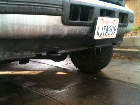 1996 Ford Bronco - The rear bumper of a vehicle is shown, a trailer hitch and a California license plate.