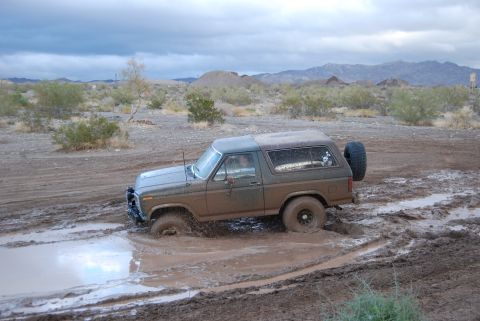 1982 Ford Bronco - A Ford Bronco navigates a challenging muddy terrain with its front wheels submerged.