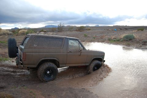 1982 Ford Bronco - This classic Ford Bronco navigates a muddy obstacle in an arid, overcast environment.