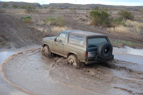 1982 Ford Bronco - A tan Ford Bronco navigates a muddy off-road trail, kicking up water and mud.