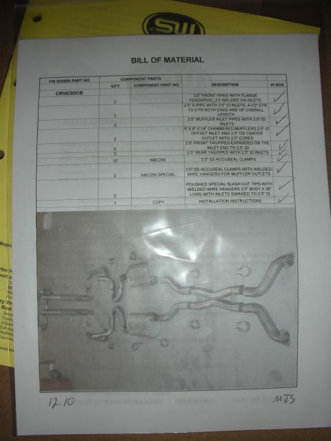 2004 Ford Crown Victoria - A document lists the components of an exhaust system, with a photo of the parts below.