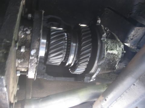 1982 Ford F-100 - An opened transfer case or gearbox with its cover removed under a vehicle, exposing two large oily helical gear clusters and bearing races…
