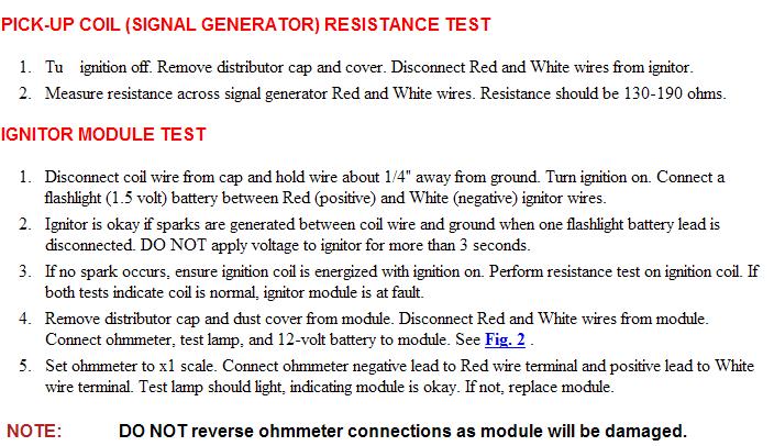 Pick-up coil resistance test and ignitor module test steps with wire colors and ohm specs