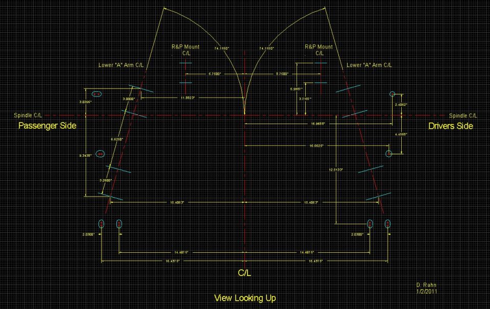 CAD dimensioned drawing of front suspension geometry with spindle, A-arm, and rack mount centerlines, view looking up