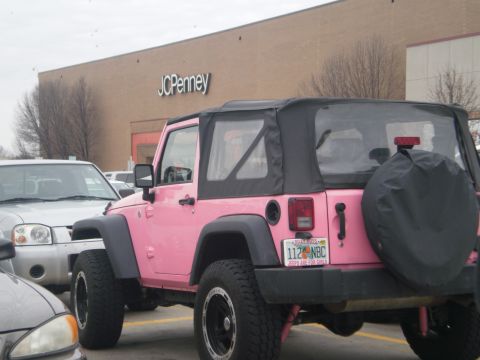 1995 Ford Bronco - A pink Jeep Wrangler parked in front of a JCPenney store, a spare tire cover and a license plate that reads 'JEEPS ARE FOR GIRLS'.