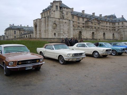 1991 Ford LTD Crown Victoria - Several classic Ford Mustangs are parked in front of a large stone building on an overcast day.