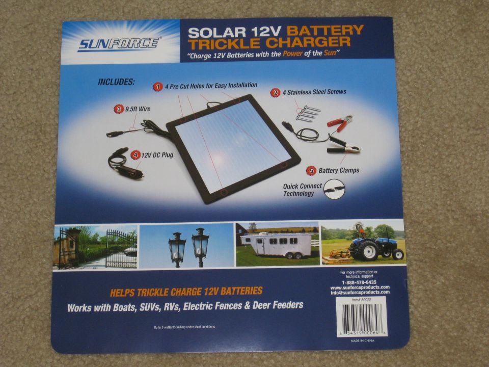 Retail packaging for a SunForce solar 12V battery trickle charger