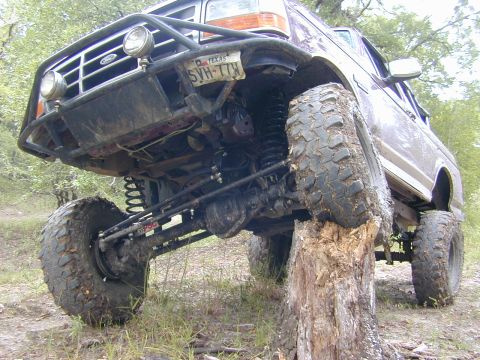 1996 Ford Bronco - This modified Ford truck is shown off-road, with one wheel resting on a large log.