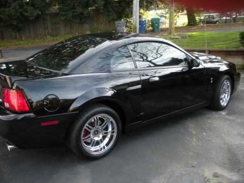 2003 Ford Mustang - Side view of a black 2003 Ford Mustang coupe showing its body lines and chrome wheels.