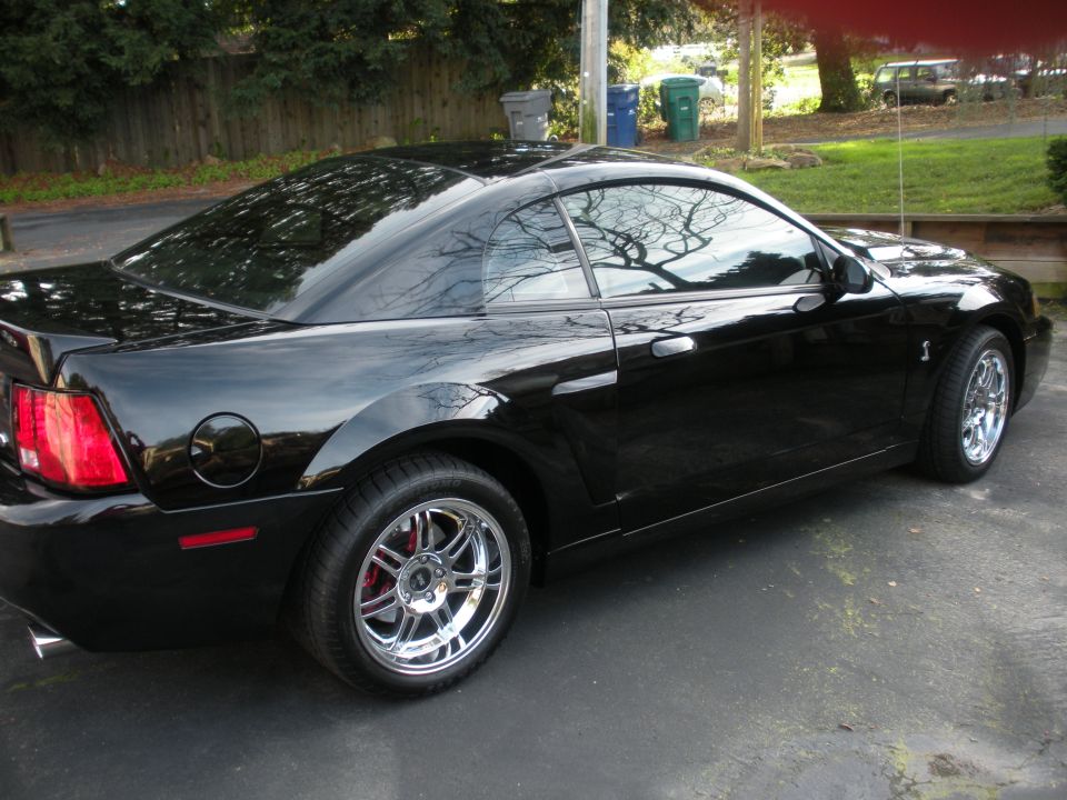 Black 2003 Ford Mustang coupe with chrome wheels parked on asphalt