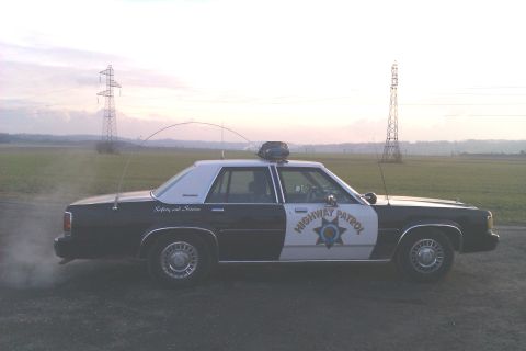 1991 Ford LTD Crown Victoria - A 1991 Ford Crown Victoria police car is seen from the side, parked in a field with power lines in the background.