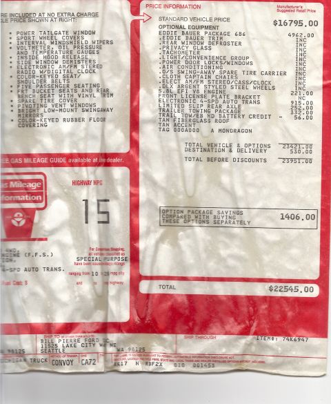 1990 Ford Bronco - A Ford Monroney window sticker showing a Standard Vehicle Price of $16,795.00 and a Total of $22,545.00, listing the Eddie Bauer Package 68…