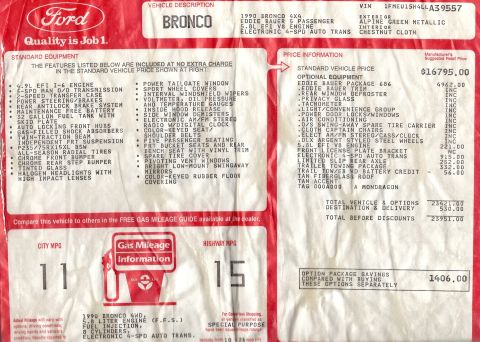 1990 Ford Bronco - Original Ford window sticker for a 1990 Bronco 4x4 Eddie Bauer in Alpine Green Metallic with chestnut cloth interior, 5.8L EFI V8 and elect…