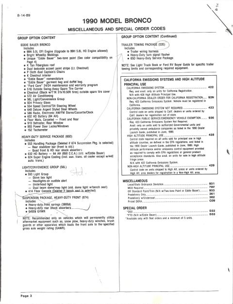 1990 Ford Bronco - 1990 Ford Bronco dealer order-guide page (8-14-89) listing Eddie Bauer package content, heavy-duty service package 65D, light/convenience g…