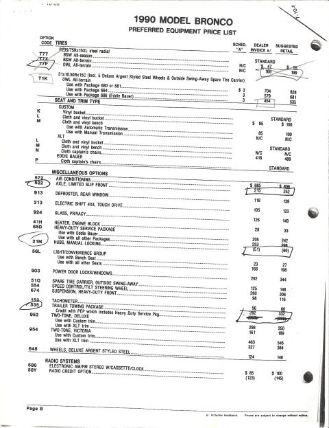1990 Ford Bronco - Scanned page from a 1990 Model Bronco Preferred Equipment Price List showing dealer invoice and suggested retail pricing for option codes c…