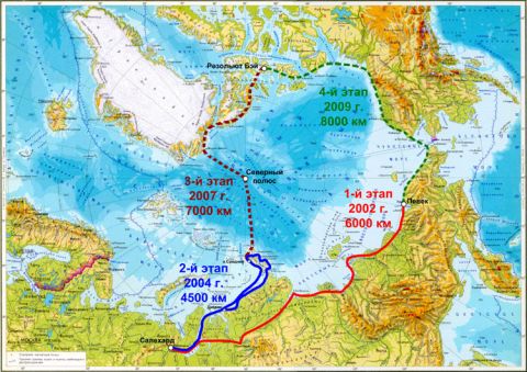 1987 Suzuki Samurai - Map displays routes and distances for four Arctic expeditions, with dates ranging from 2002 to 2009.