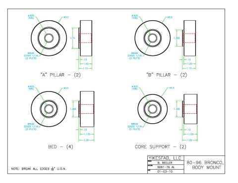 1996 Ford Bronco - Technical drawing details dimensions for various body mount components of the 80-96 Bronco.