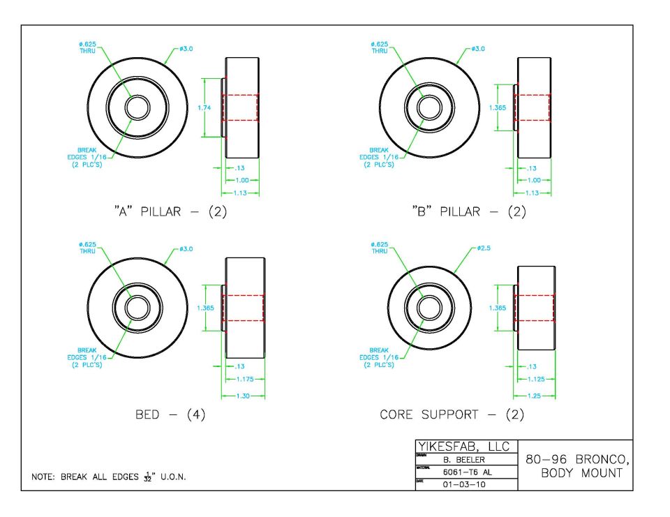 Dimensioned engineering drawing of four body-mount bushings for 80-96 Bronco
