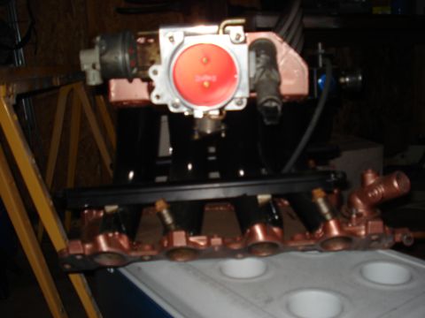 1988 Ford Bronco - Close-up of an engine intake manifold assembly, a throttle body and copper-toned runners.