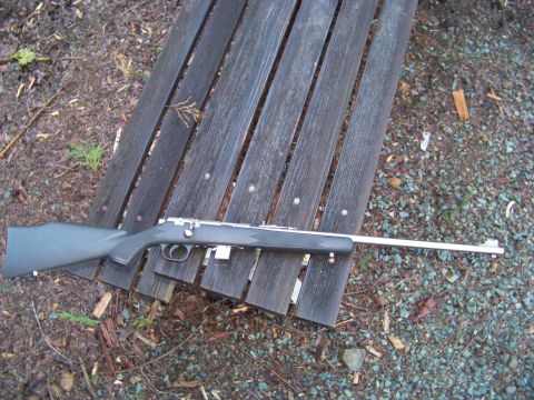 1994 Ford F-150 - A rifle rests on a weathered wooden bench in an outdoor setting.