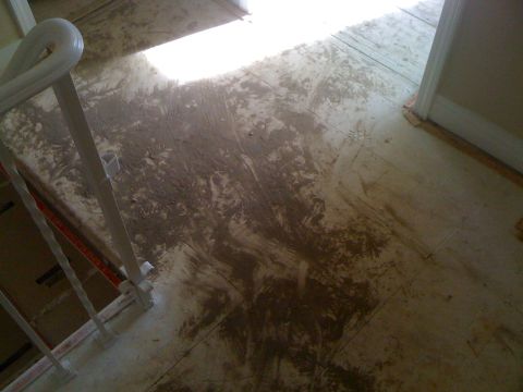 1968 Ford Mustang - A dirty floor with smudges and a white railing is visible near a doorway.