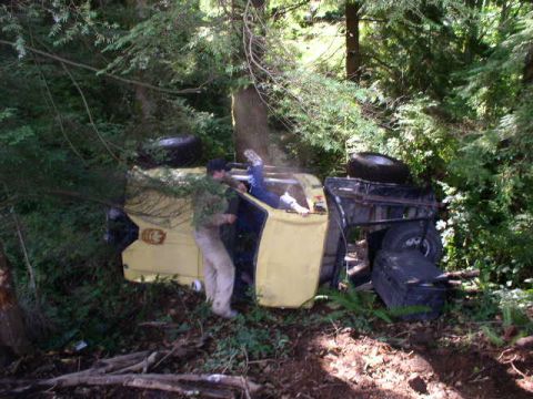 1979 Ford Bronco - An overturned yellow SUV lies on its side in a forest, with two individuals attending to it.