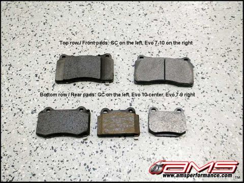 2010 Hyundai Genesis - Comparison of front and rear brake pads, including GC and Evo models.