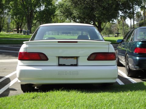 1995 Ford Taurus - The rear of a white sedan is visible, parked next to a dark green car in a grassy area with trees.