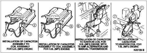 1990 Ford Bronco - Illustrations detail the installation of ignition system capacitors for various Ford engine sizes, including 5.0L, 5.8L, 4.9L, and 7.5L con…