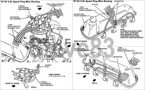 1990 Ford Bronco - This diagram illustrates the correct routing for spark plug wires on a 5.0L engine, detailing connections and firing order.