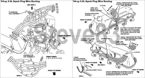 1990 Ford Bronco - Diagrams illustrate spark plug wire routing for a 5.0L engine, detailing ignition system components and their placement.