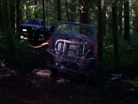 1979 Ford Bronco - Two off-road vehicles navigate a muddy path through a dense forest.