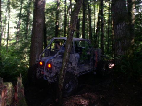 1979 Ford Bronco - An off-road vehicle navigates a muddy trail through a dense forest.