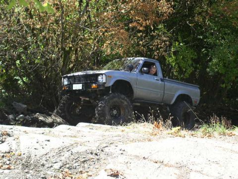 1979 Ford Bronco - A lifted pickup truck navigates a rough, wooded terrain.