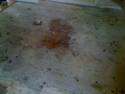 1968 Ford Mustang - The floor appears to be in a state of disrepair, with numerous stains and scattered debris.