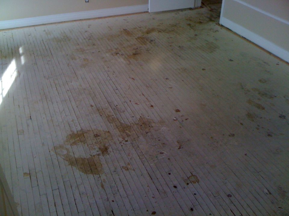 Wooden floor with stains and dirt, viewed from a high angle