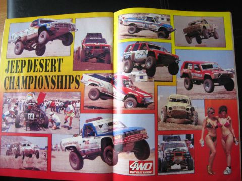 1986 Ford Bronco - A magazine spread displays various off-road vehicles competing in desert races, highlighting the "Jeep Desert Championships" event.