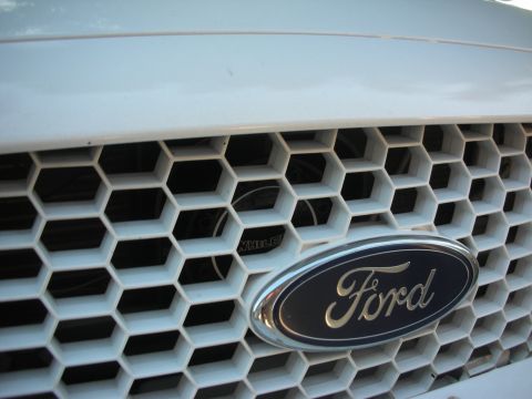 2004 Ford Crown Victoria - Close-up of a Ford emblem centered on a white honeycomb grille.