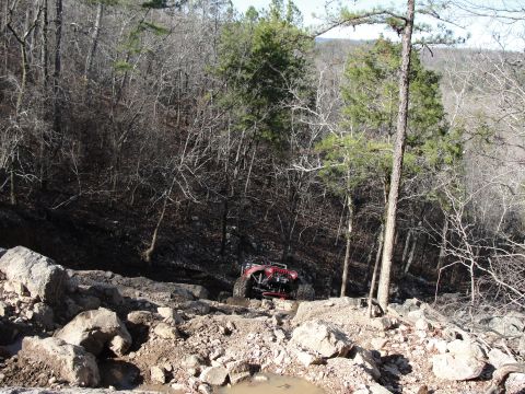 1967 Ford Mustang - An off-road vehicle navigates a rocky, muddy path through a dense forest.