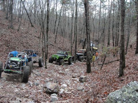 1967 Ford Mustang - Off-road vehicles traverse a challenging rocky path through a dense, leafless forest.