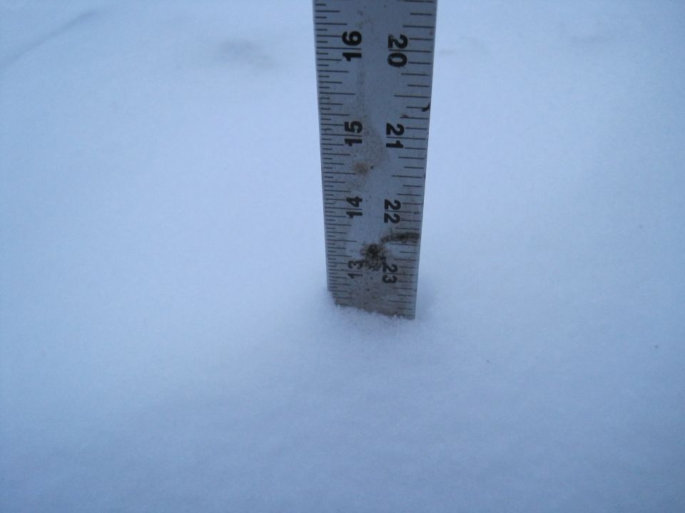 Ruler measuring snow depth, with markings from 13 to 23