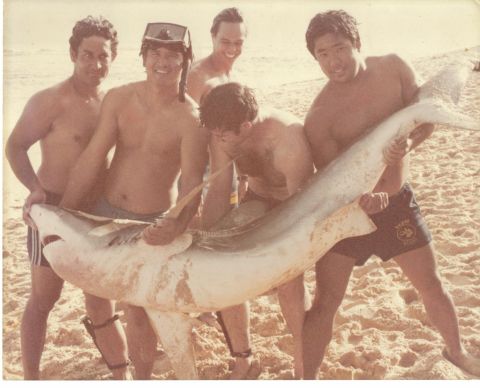 1991 Ford Bronco - Norman Helsham, my father in law Reuben Tambalo, Mike Forehan, Pat Oda, and Skippy Dole with a shark caught in Reubens net at Mokuleia, Nor…