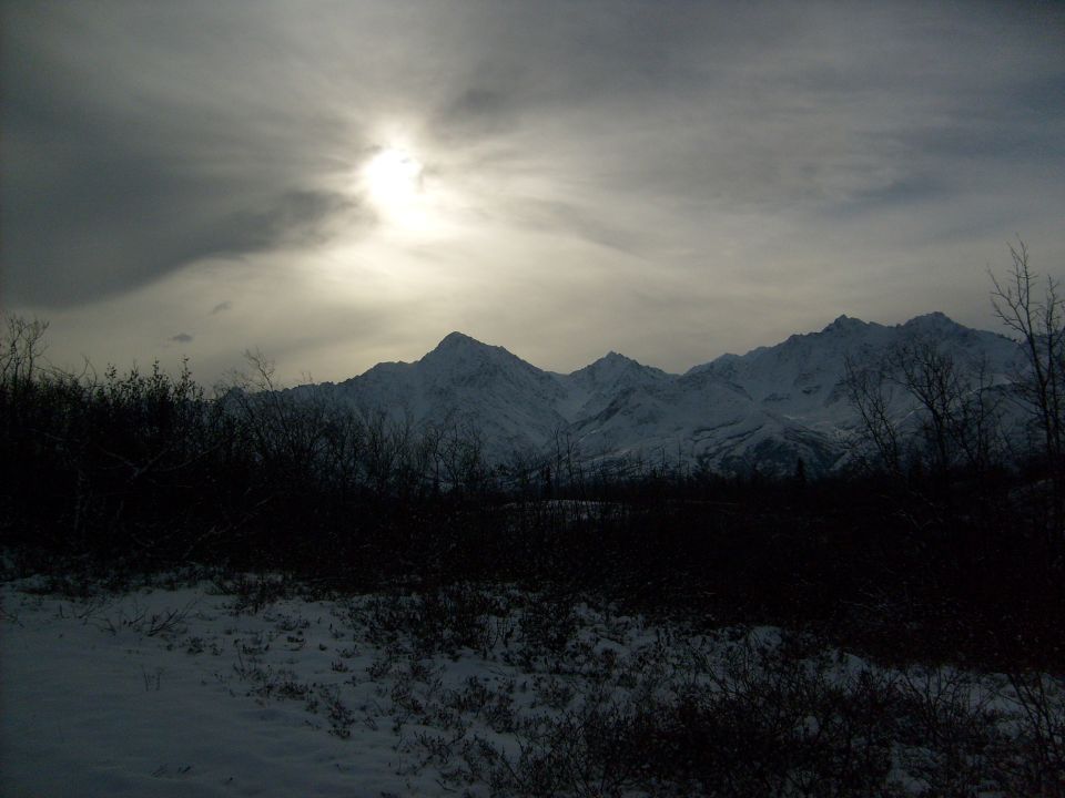 Snowy mountain range under a hazy sun, with dark foreground brush
